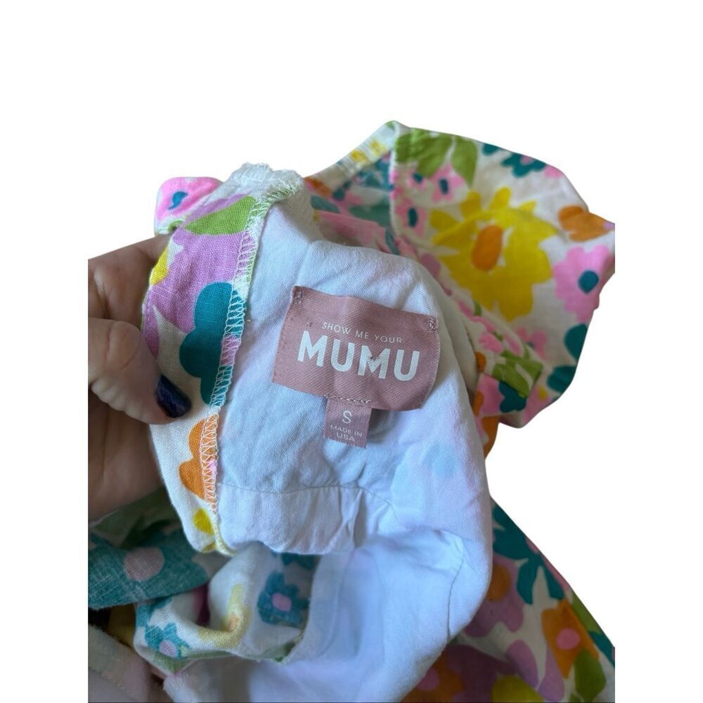 Show Me Your Mumu Cathy Linen Floral Mini Dress Size Small Short Sleeve Open Bac - Picture 7 of 12